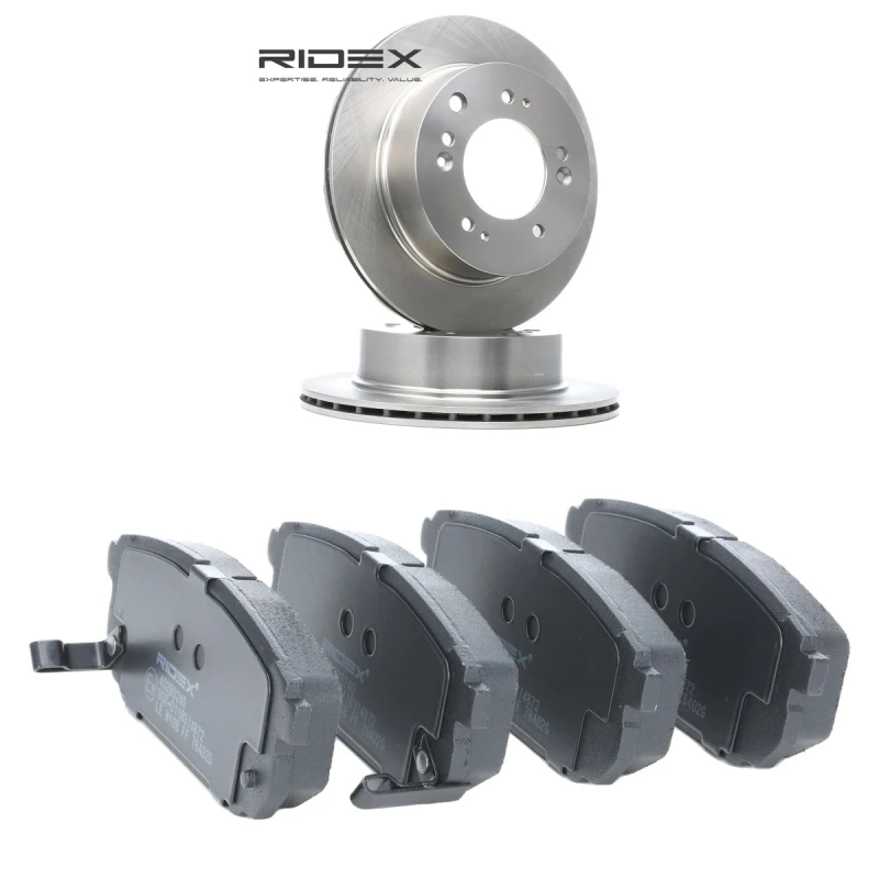 Image of RIDEX 3405B2290 Brake disc and pads set Rear Axle, Brake Disc Type: internally vented, with acoustic wear warning Brake Set,disc brakes (3405)