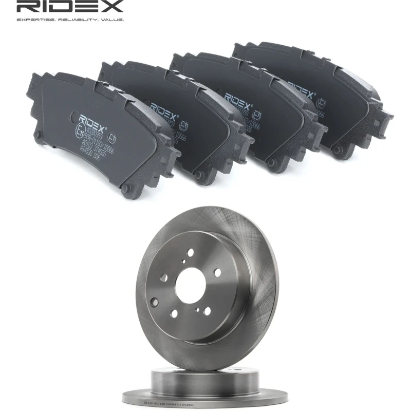 Image of RIDEX 3405B2440 Brake disc and pads set Rear Axle, Brake Disc Type: Solid, excl. wear warning contact Brake Set,disc brakes (3405)
