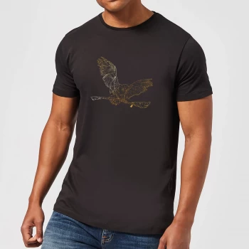 Image of Harry Potter Hedwig Broom Gold Mens T-Shirt - Black - 4XL - Black