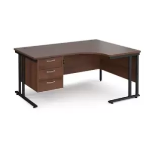 Image of Office Desk Right Hand Corner Desk 1600mm With Pedestal Walnut Top With Black Frame 1200mm Depth Maestro 25 MC16ERP3KW