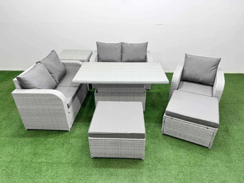Image of Fimous High Back Poly Rattan Garden Furniture Set with Adjustable Lifting Dining or Coffee Table Indoor Outdoor Patio Set 2 Big Stool Side Table