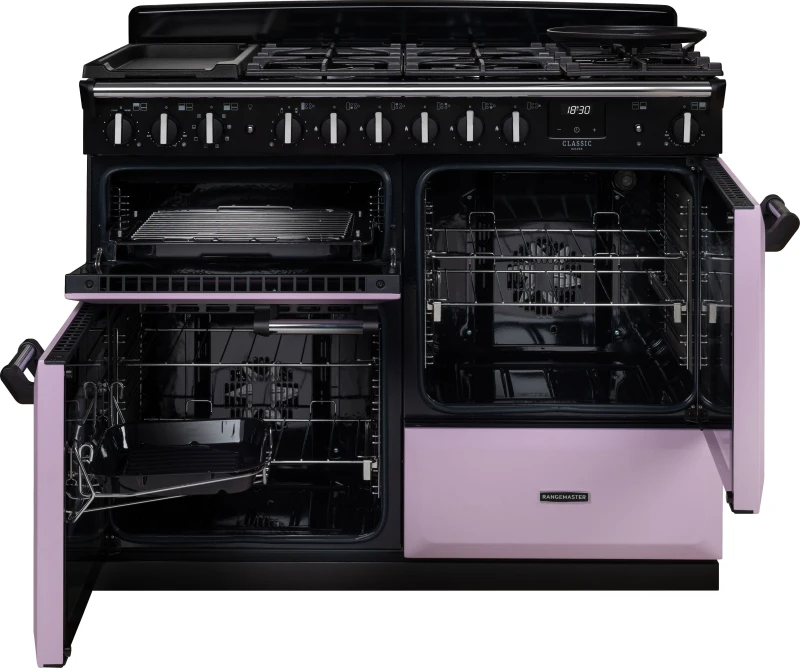 Image of Rangemaster Classic Deluxe 110 CLDLO110DFPHTH/CM1 110cm wide Dual Fuel Range Cooker with Gas Hob - Heather / Chrome - A Rated