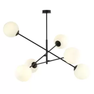Image of Linear Black Multi Arm Pendant Ceiling Light with White Glass Shades, 6x E14