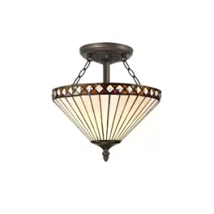 Image of 2 Light Semi Flush Ceiling E27 With 30cm Tiffany Shade, Amber, Crystal, Aged Antique Brass