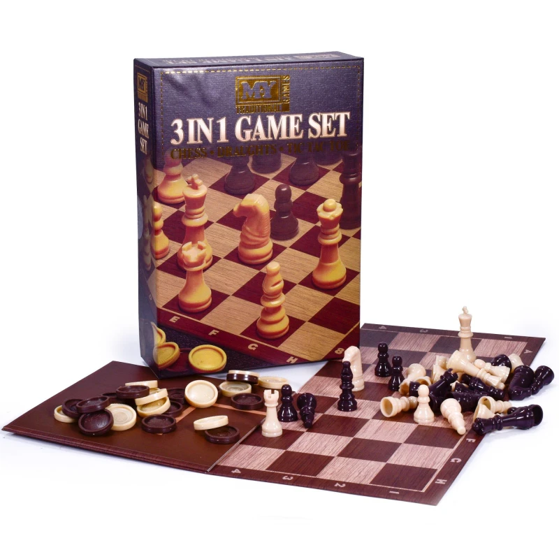 Image of MY 3 in 1 Traditional Board Game Set Chess, Draughts, Tic Tac Toe Multi