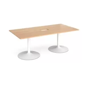 Image of Trumpet base rectangular boardroom table 2000mm x 1000mm with central cutout 272mm x 132mm - white base and beech top