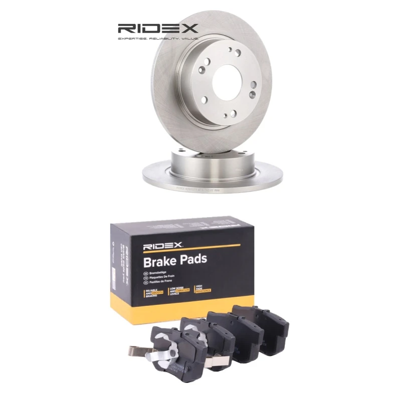 Image of RIDEX 3405B2308 Brake disc and pads set Rear Axle, Brake Disc Type: Solid, with acoustic wear warning Brake Set,disc brakes (3405)