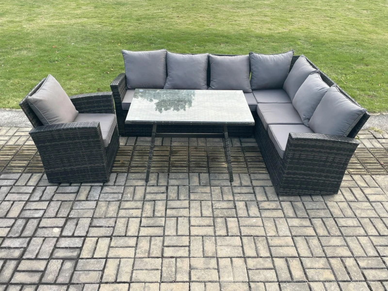 Image of Fimous Outdoor Furniture Garden Dining Set Rattan Corner Sofa Chair Set Rectangular Dining Table with Temper Glass Dark Grey Mixed Dark Grey Unisex