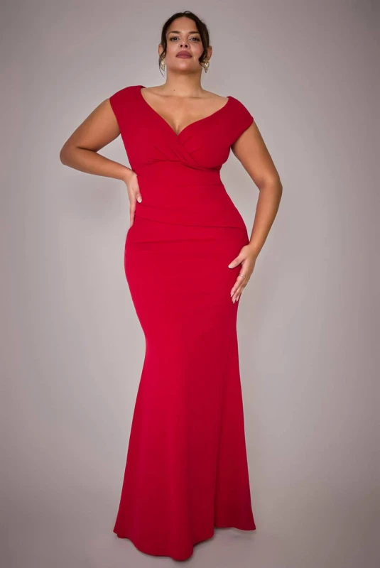 Image of Goddiva Womens Bardot Pleated Maxi Dress in Red Size: 18 Red Female 18