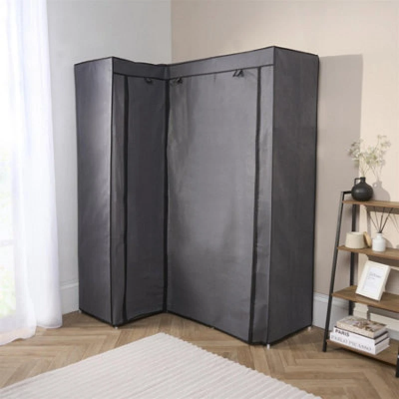 Image of OHS OHS Corner Wardrobe Fabric Clothes Hanging Rail Bedroom Organiser Decor in Light Grey Light Grey One Size Unisex 5027434212125