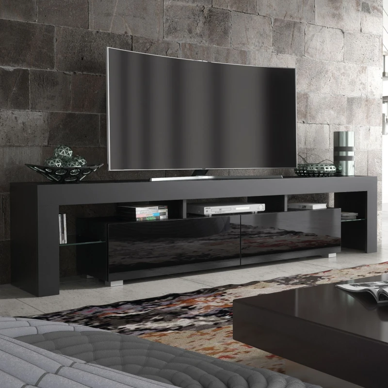 Image of Creative Furniture TV Unit 200cm Modern - Black with High Gloss Doors Black Unisex