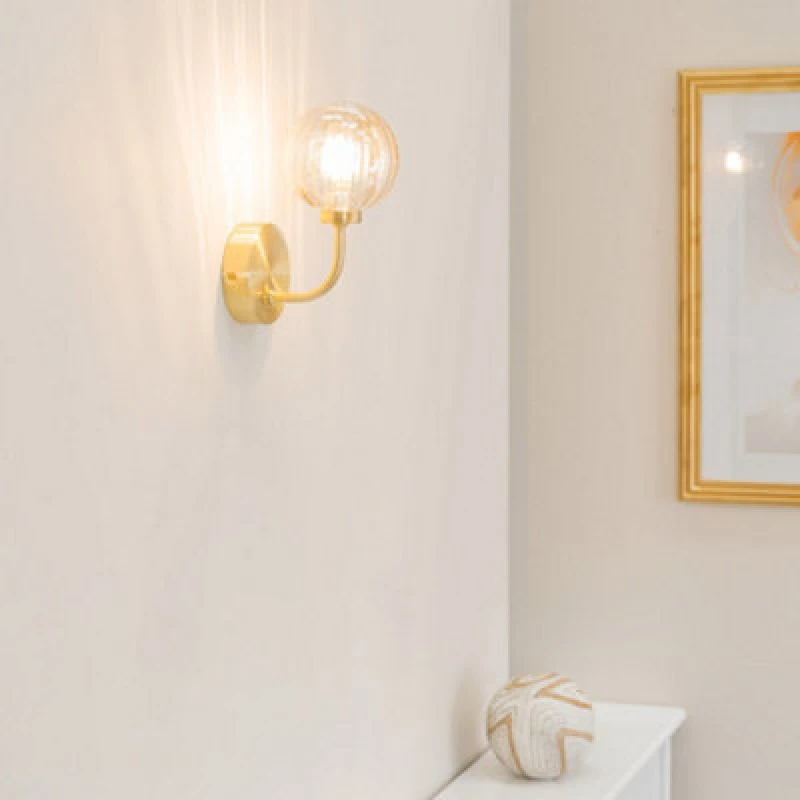 Image of ValueLights Chessy Ribbed Glass Globe Shade Gold Stem Wall Light with LED Bulb Gold