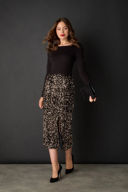 Image of Izabel London Womens Sequin Embellished High Waist Midi Skirt in Black Size: 10 Black Female 10