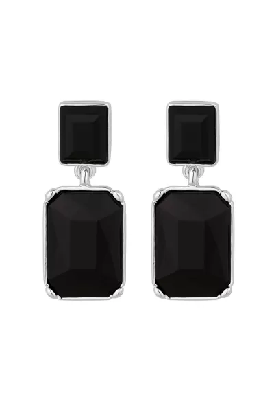 image of Silver Black Emerald Cut Double Drop Earrings