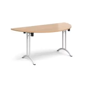 image of Semi circular folding leg table with white legs and curved foot rails 1600mm x 800mm - beech