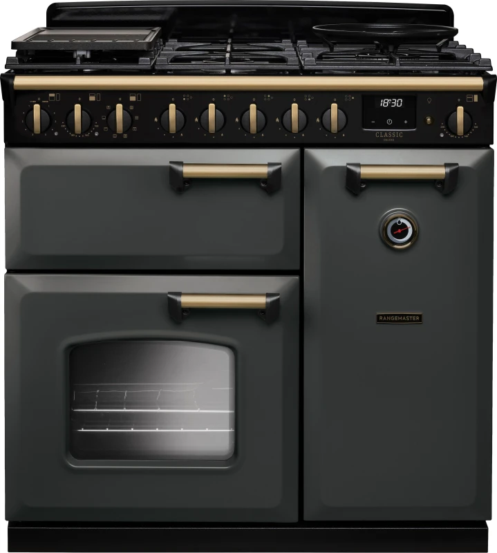 Image of Rangemaster Classic Deluxe 90 CLDL90DFPSLT/AB1 90cm wide Dual Fuel Range Cooker with Gas Hob - Slate / Antique Brass - A Rated