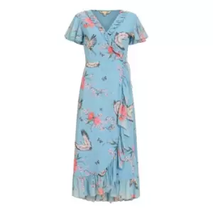 Image of Yumi Blue Satin Crane Print Wrap Dress - Blue