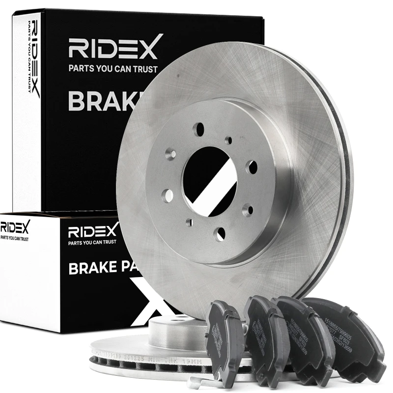 Image of RIDEX 3405B0432 Brake disc and pads set Front Axle, Brake Disc Type: Vented, with acoustic wear warning Brake Set,disc brakes (3405)