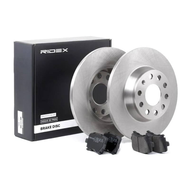 Image of RIDEX 3405B0009 Brake disc and pads set Rear Axle, Brake Disc Type: Solid, excl. wear warning contact Brake Set,disc brakes (3405)