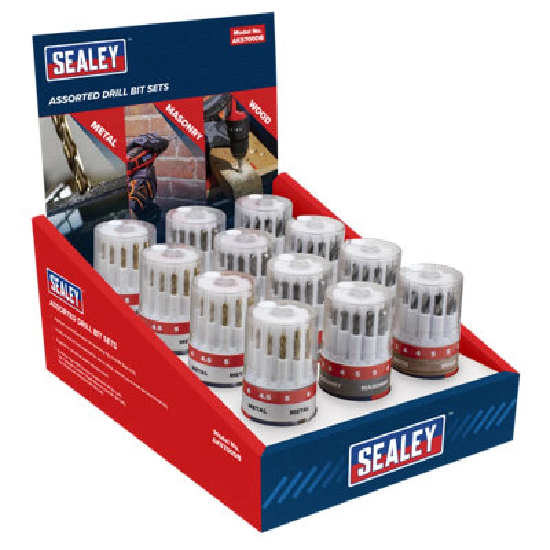 Image of Sealey Assorted Drill Bit Sets Display Box 12 Pieces Hss Masonry Wood Ak5700Db
