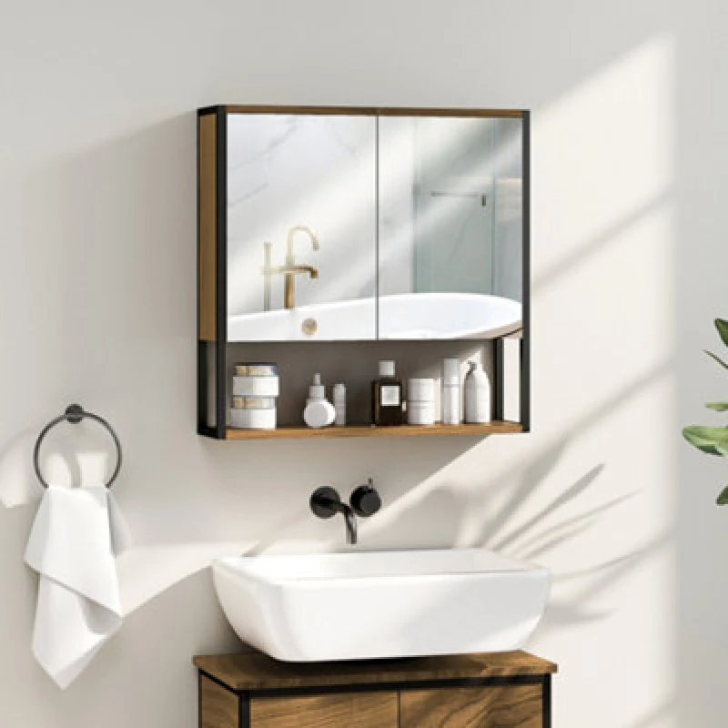 Image of HOMCOM HOMCOM Industrial Bathroom Cabinet with 2 Mirrored Doors Open Shelf, Natural Size: W600mm x H600mm Natural W600mm x H600mm Unisex 50636033629