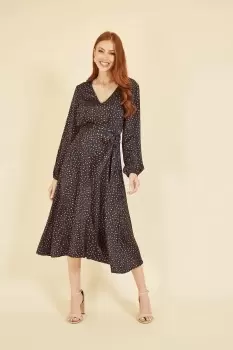 Image of Navy Satin Dash Print Midi Dress