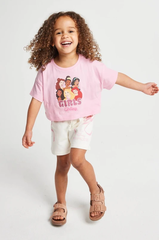 Image of Brand Threads Disney Princess T-Shirt & Shorts Set in Pink Size: 2-3 Years Pink Unisex 2-3 Years