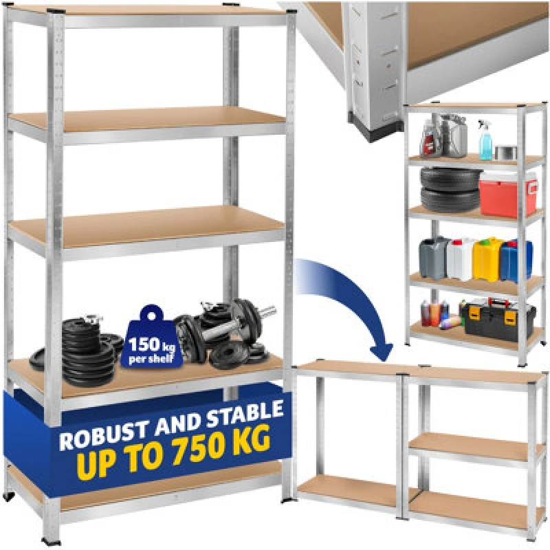 Image of Tectake Garage Shelving - Heavy-Duty Galvanised Steel Frame, Height-Adjustable Shelves - 90 X 40 X 180 Cm - 750 Kg - Silver