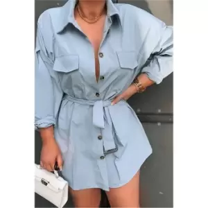 Image of I Saw It First Blue Drop Shoulder Belted Oversized Shirt Dress - Blue