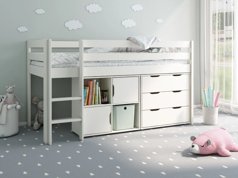 Image of Noomi Nora Solid Wood Mid Sleeper Storage Cabin Bed in White Size: EU Single White Unisex EU Single