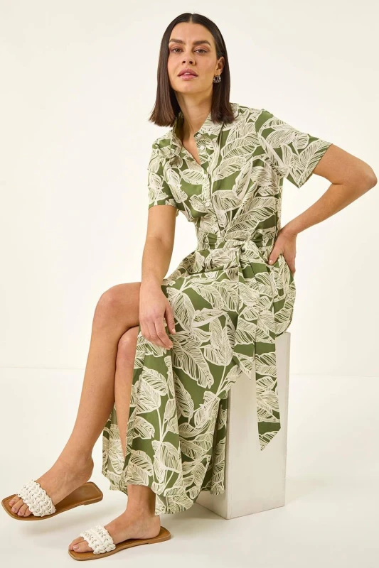 Image of Roman Womens Leaf Print Belted Shirt Dress in Green Size: 16 Green Female 16