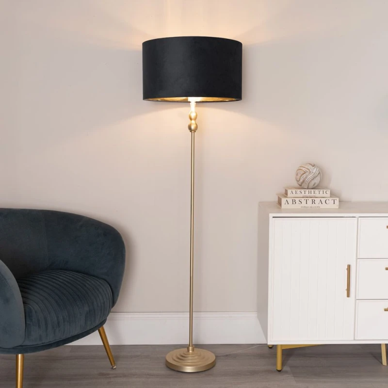 Image of ValueLights ValueLights Maggie Gold Candlestick Floor Lamp with Velvet with Gold Inner Lamp Shade in Black One Size Unisex 5059406061622