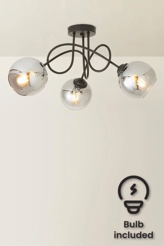 Image of ValueLights Malcolm 3 Way Smoked Glass Matte Black Twisted Ceiling Light & Bulbs Black Unisex