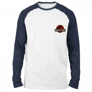 Image of Jurassic Park Logo Embroidered Unisex Long Sleeved Raglan T-Shirt - White/Navy - L