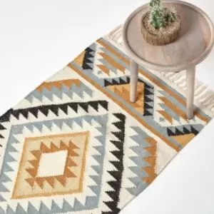 Image of Agra Handwoven Ochre Gold, Silver Grey and Black Diamond Pattern Kilim Wool Rug, 66 x 200cm - Multi Colour - Homescapes