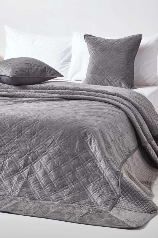 Image of Homescapes Luxury Quilted Velvet Bedspread Geometric Pattern Throw Dark Grey