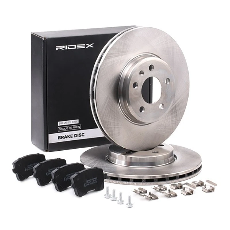 Image of RIDEX 3405B0911 Brake disc and pads set Front Axle, Brake Disc Type: internally vented, excl. wear warning contact Brake Set,disc brakes (3405)