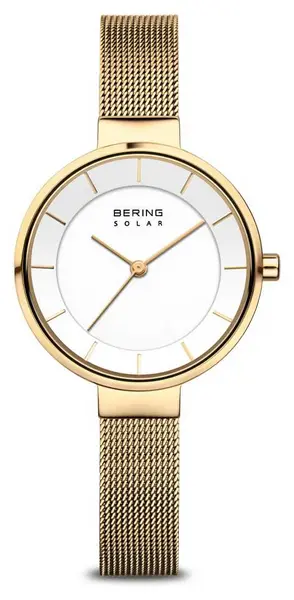 Image of Bering 14631-324 Solar Womens Gold-Plated Mesh Bracelet Watch