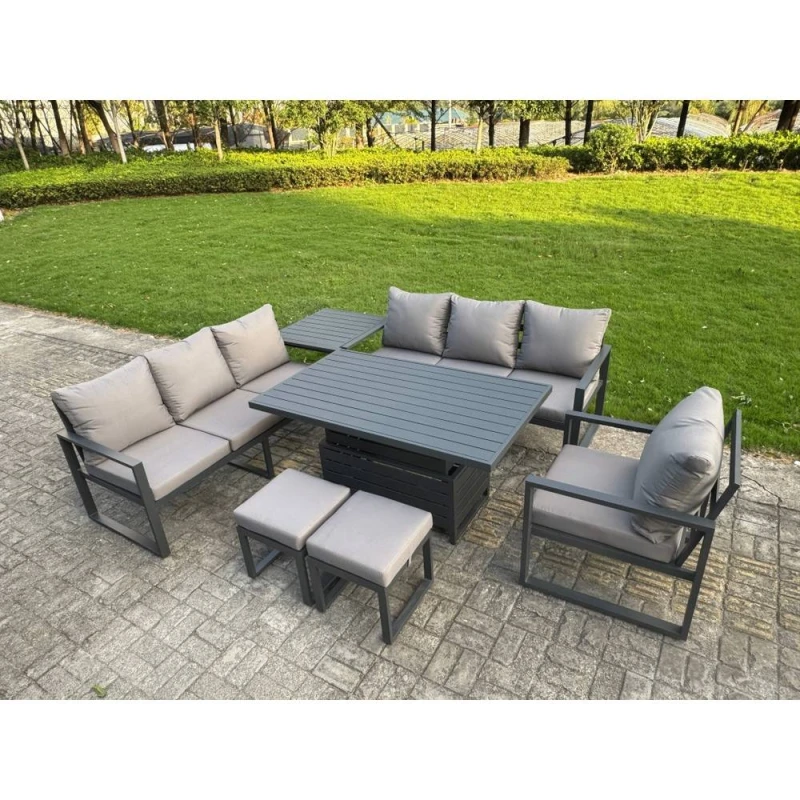 Image of Fimous Aluminium Garden Furniture Sets,9 Seater With Rising Table Side Table 2 Small Footstool For Yard,poolside, Patio, Dark Grey