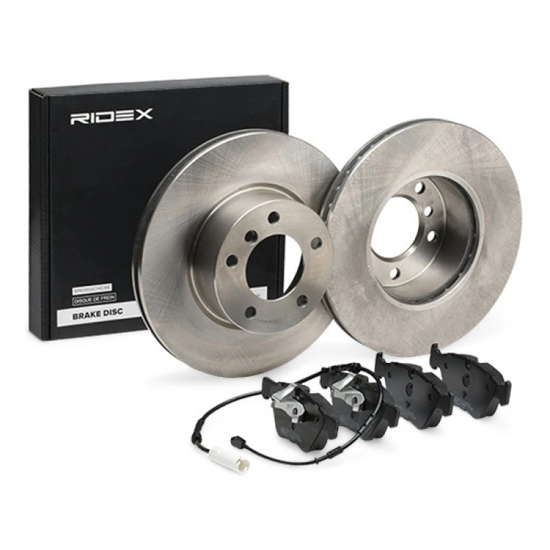 Image of RIDEX 3405B1755 Brake disc and pads set Front Axle, Brake Disc Type: internally vented, prepared for wear warning indicator, with piston clip Brake S
