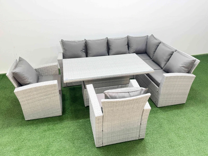 Image of Fimous 8 Seat Rattan Garden Furniture Corner Sofa Set with 2 Chair Light Grey Light Grey Unisex