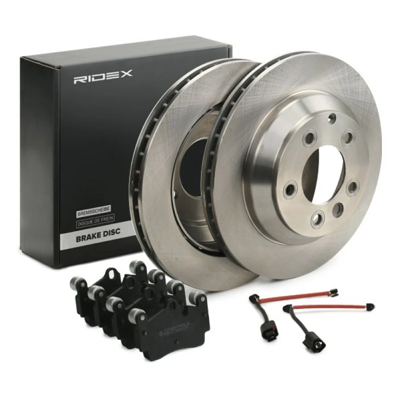 Image of RIDEX 3405B1730 Brake disc and pads set Rear Axle both sides, Brake Disc Type: internally vented, prepared for wear warning indicator Brake Set,disc