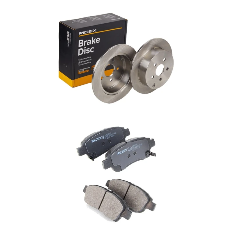 Image of RIDEX 3405B3043 Brake disc and pads set Front Axle, Brake Disc Type: Solid, with acoustic wear warning Brake Set,disc brakes (3405)