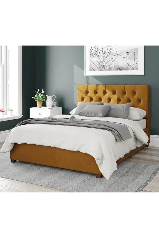 Image of Aspire Aspire Olivier Upholstered Ottoman Storage Bed, Plush Velvet Fabric in Mustard Size: Single Mustard Single Unisex 5057632167590