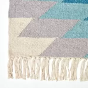 Image of Helsinki Handwoven Geometric Pattern Blue Grey and Cream Kilim Wool Rug, 160 x 230cm - Blue - Homescapes