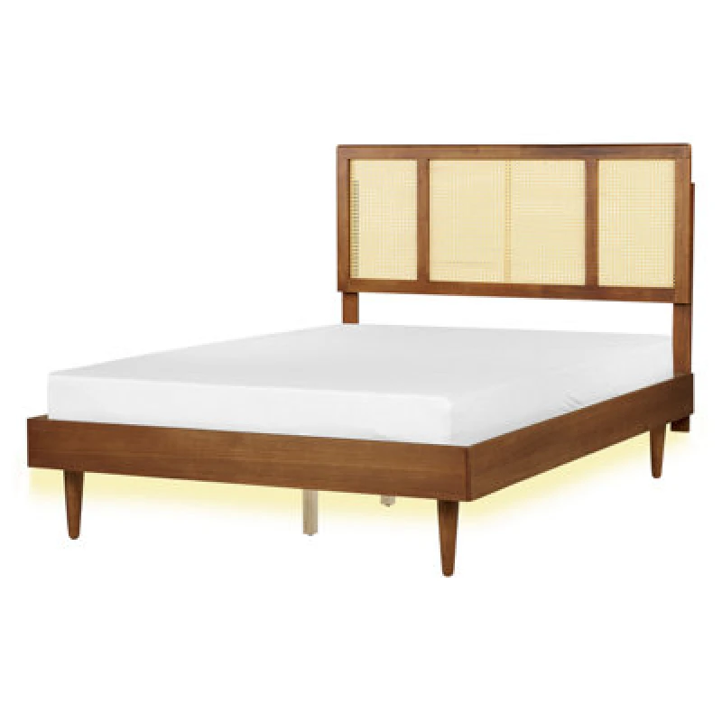 Image of Beliani Bed With LED Rattan Auray 140 X 200 Cm (Eu Double) Brown