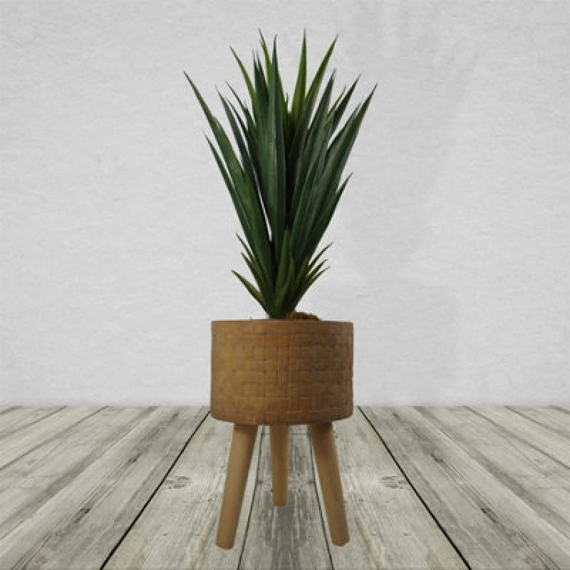 Image of Leaf Woven Effect Composite Planter with Stand Dark Brown