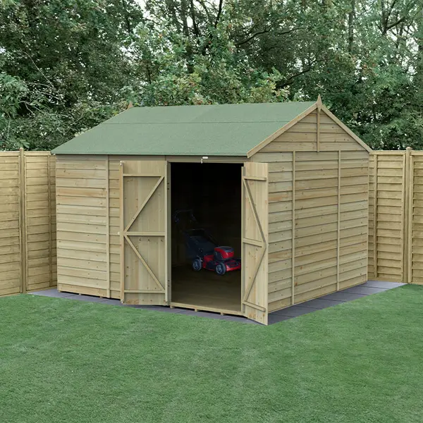 image of 10' x 10' Forest 4Life 25yr Guarantee Overlap Pressure Treated Windowless Double Door Reverse Apex Wooden Shed (3.21m x 3.01m)