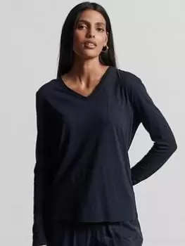 Image of Superdry Studios Long Sleeve Pocket V-Neck Top - Blue Size 10, Women