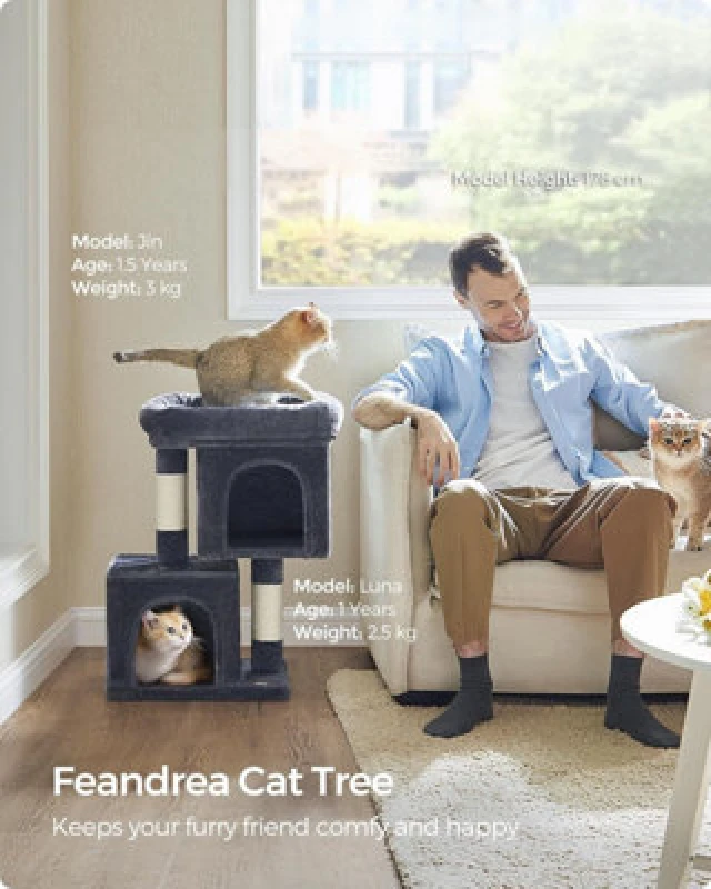 Image of Songmics Cat Tree, Cat Tower, Small, Cat Condo For Small Cats, Large Cat Perch, 2 Cat Caves, Scratching Post, Smoky Grey